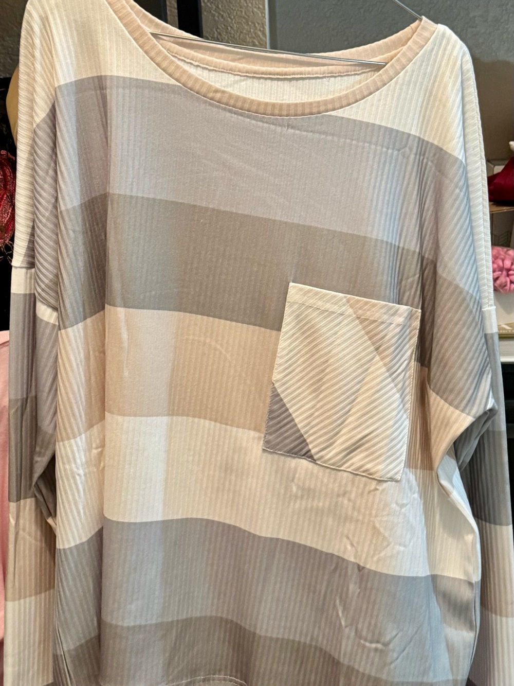 Women’s Neutral Striped Pocket Top - Beige & Gray